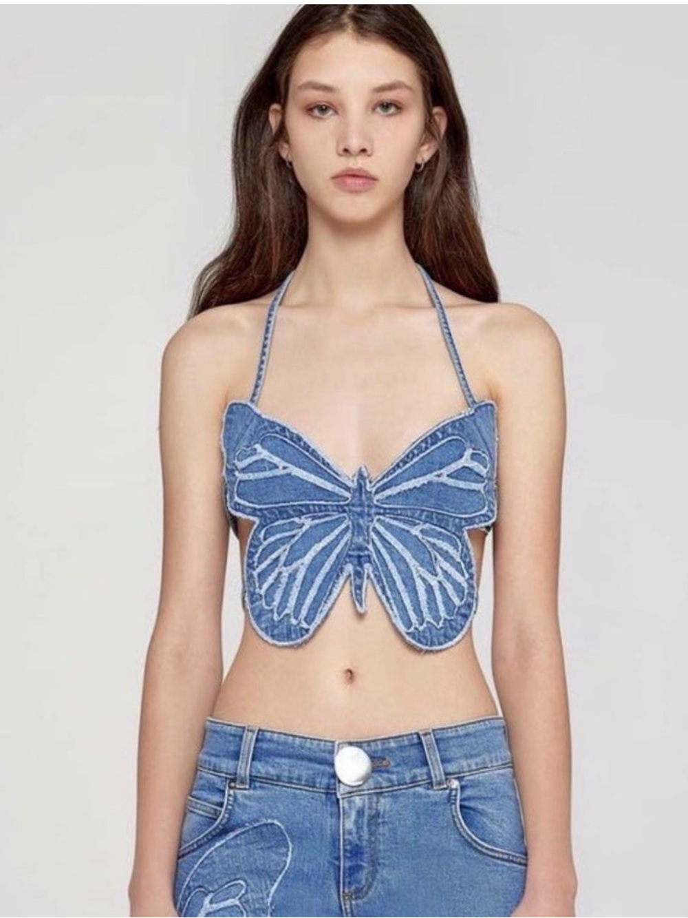 Blumarine Denim Butterfly Halter Crop Top - Blue